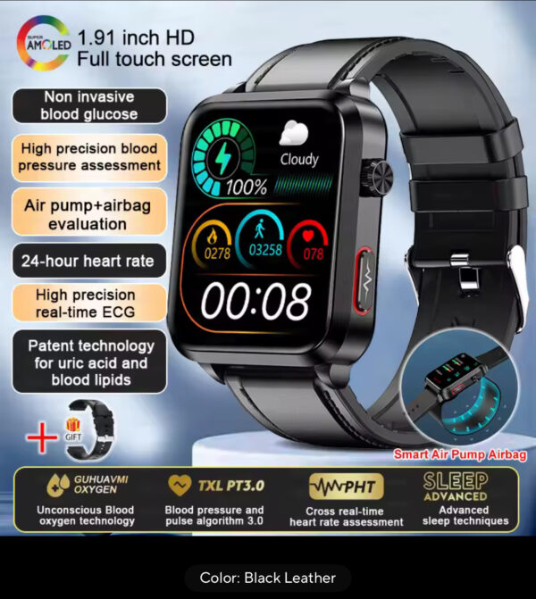 New ECG+PPG Smart Watch Blood Pressure Accurate measurement of air pump Watch Blood Lipids Uric Acid Blood Pressure Smart Watch - Image 8