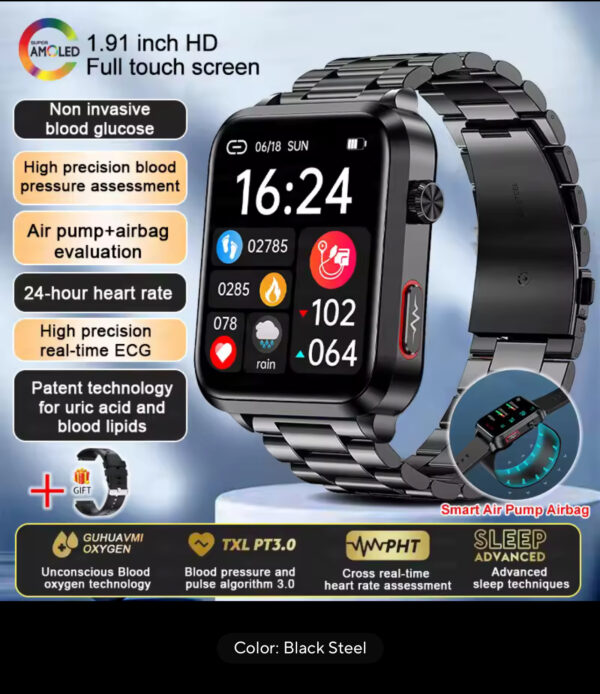 New ECG+PPG Smart Watch Blood Pressure Accurate measurement of air pump Watch Blood Lipids Uric Acid Blood Pressure Smart Watch - Image 11